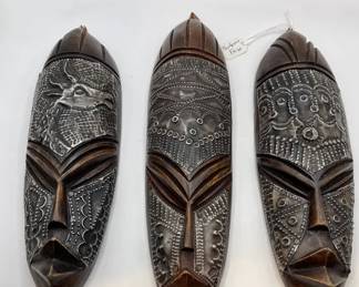 Three Wooden Carved Burkina Faso Masks With Aluminum Detail