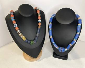 Two Chunky Recycled Glass Bead Necklaces Made In The Gambia