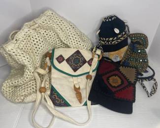 Collection Of Purses Including A Gambian Handmade Backpack Bottle Bag Crossbody Bags And Pouch