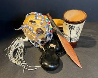 Collectibles From The Gambia Including Wooden Cup Decorative Gourd Wooden Spear Castanets