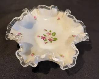 Fenton Silver Crest Glass Hand Painted Violets 6 Ruffled Edge Dish