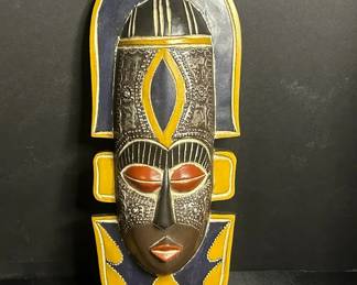 Ghana Handcrafted Wooden Wall Hanging Mask With Aluminum Accents