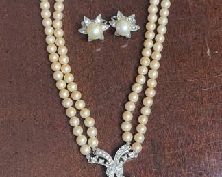 Vintage TwoStrand Faux Pearl Necklace and Starburst Earring Set with Rhinestone Clasp