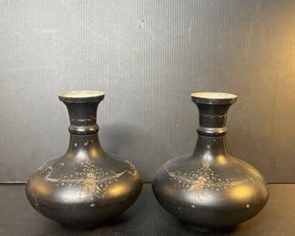 Vintage Black Etched Brass Vases with Floral Motifs