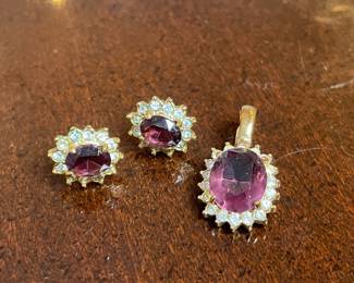 Vintage Signed Roman Amethyst and Crystal Pendant and Earrings Set