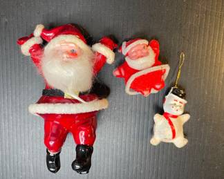 Vintage Flocked Santa Claus and Snowman Christmas Ornaments