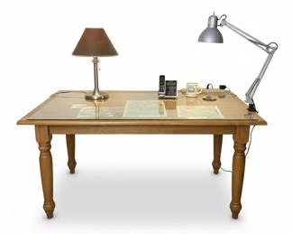 Wooden Desk with Glass Top and Desk Lamp