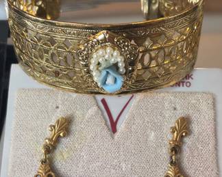 Vintage Filigree Bangle Bracelet and Dangle Earrings Set with Porcelain Flowers