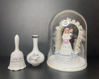 Vintage Wedding Couple Figurine under Dome, th Anniversary Bell, and Anniversary Vase