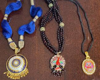 Assorted Pendants and Necklaces Enamel Medallion, Garnet Peacock, and Religious Oval