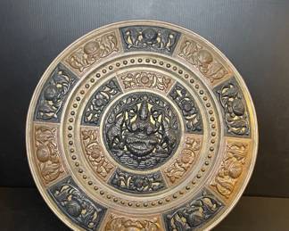 Vintage Indian Relief Carved Metal Plate with Lakshmi and Elephants
