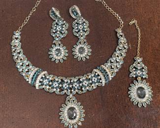 Indian Bridal Jewelry Set with Necklace, Earrings, and Tikka  Teal and Smoky Grey Stones