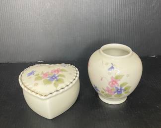 HeartShaped Trinket Box and Small Vase with Floral Motif