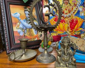 Brass Hindu Deities Figurines Ganesha, Lakshmi, Om Diya Lamp, and Candlestick