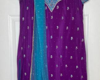 Purple Silk Embroidered Kurta Set with Teal Dupatta