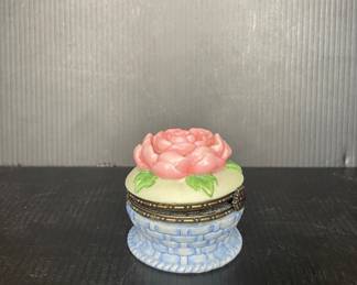 Vintage Porcelain Trinket Box with Pink Rose and Basket Weave Base