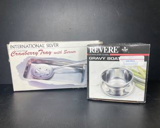 Revere Ware Stainless Steel Gravy Boat and International Silver Cranberry Tray