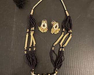 Gold Plated Black Beads Peacock Pendant Necklace and Earring Set