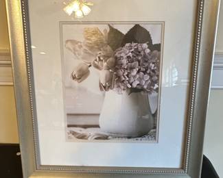 Framed Black and White Floral Still Life Print with Tulips and Hydrangeas