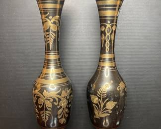 Vintage Brass Vases with Etched Floral and Geometric Design