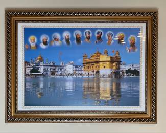 Framed Print of the Golden Temple and the Ten Sikh Gurus, including Baba Deep Singh Ji