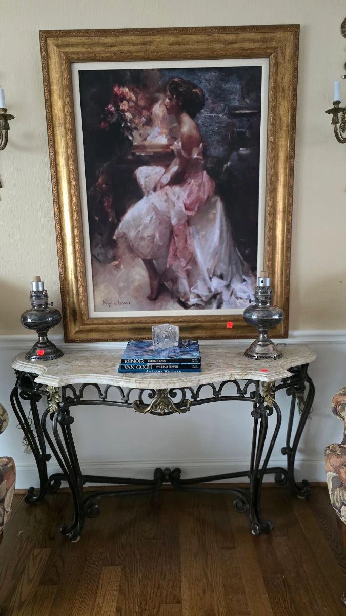 Marble & Iron Sofa/Entry Way Table -Stunning Mistress Painting! 