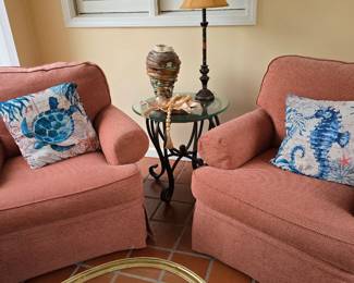 Pair of Easy Arm Chairs with Ottoman