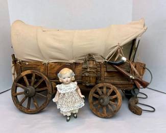 Vintage Covered Wagon Porcelain Doll