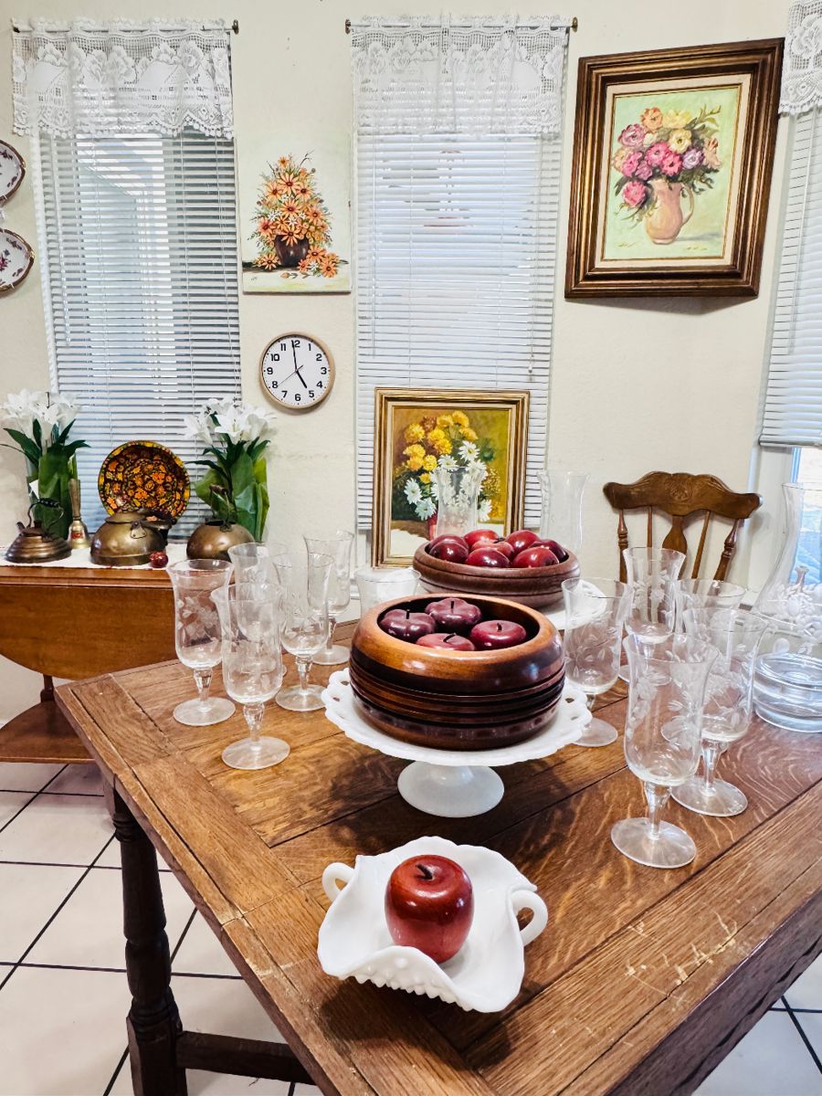 Vintage Wooden Slot Country Table, Milk Glass, Wooden Apples, Wooden Bowls, Crystal, Cut Glass, Hand painted BEAUTIFUL floral art, tea cart, copper ware 