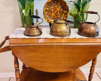 vintage tea cart, copper ware, copper tea pots, floral