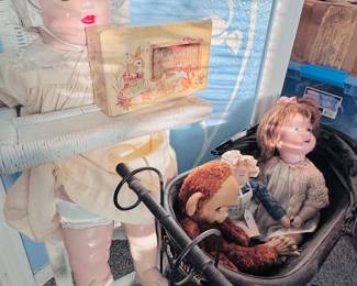 Vintage Dolls and collectible vintage strollers / wicker high chairs
