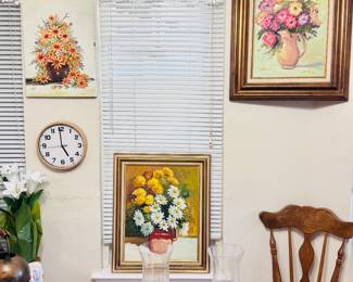 floral art, wooden decor, milk glass, vintage furniture