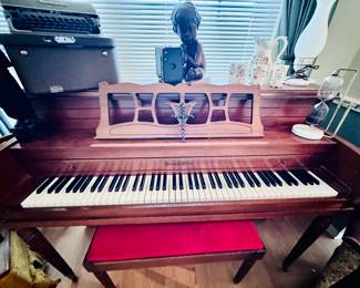 piano, typewriter, cherub statues, vintage cameras, rooster ware, milk glass vase