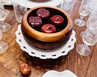 wooden apples, milk glass, vintage wooden plank table
