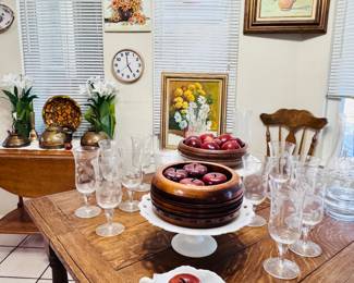 Vintage Wooden Slot Country Table, Milk Glass, Wooden Apples, Wooden Bowls, Crystal, Cut Glass, Hand painted BEAUTIFUL floral art, tea cart, copper ware