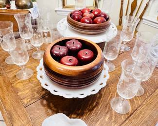 milk glass, wooden apples, wooden bowls