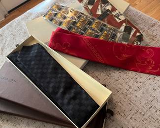 Men's high end ties...Red Versace, two Louis Vuitton,  Tobacco design ties