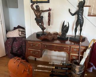 Bronzes (middle-Satan as Fallen Angel/Jean-Jacques/1807-1850)) (far right-"Dancing Faun"/signed Antonio)    Kindel Grand Rapids Desk,  below is a 3 piece Katana Decorative  Sword Set,  Rare Vintage Swaine Adeney Brigg leather bag....several rugs