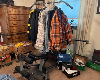 Exercise equipment...shoes..many never worn..shirts..suits...