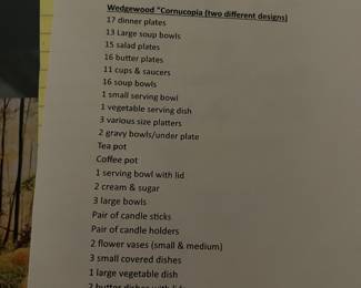 Wedgewood Conucopia list of items
