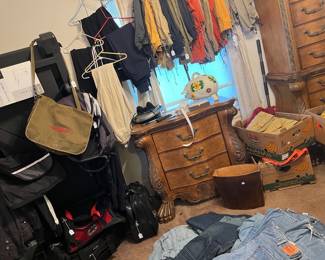 Collection of blue jeans, exercise equipment, cargo pants,...quality furniture...