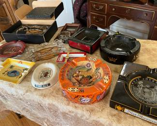 Collection of cigar ashtrays; Tommy Bahama, Dunhill, Ashton, Nat Sherman, Sherlock Holmes....
