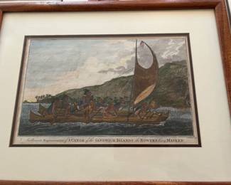 Antique Hawaiian print (1790) "A Canoe of the Sandwich Islands, the Rowers being Masked"  Publisher/Printer: Alexander Hogg, London     We have two more antique Hawaiian prints