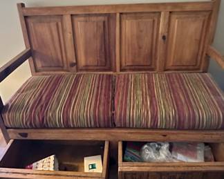 Rustic Pine Storage Bench with Striped Cushion