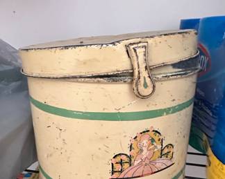 Vintage Children's Tin Hat Box with Princess and Green Band Illustration