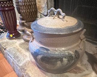 Stoneware Lidded Jar with Serpent Handles