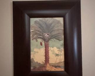Vintage Date Palm Tree Painting in Dark Wood Frame