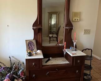 Victorian Eastlake Walnut Dresser with Mirror and Marble Top