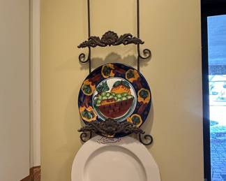 Wrought Iron Plate Hanger with Hand-Painted Talavera-Style Fruit Plate and White Plate