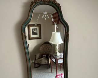 Ornate Gilt and Teal Rococo Style Wall Mirror